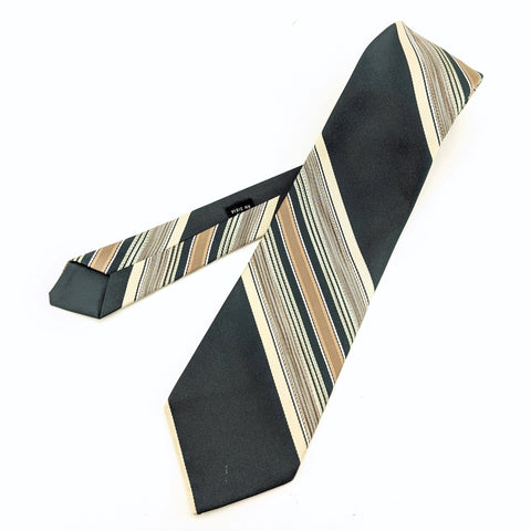 1970s Striped Tie Men's Vintage Disco Era Green & Beige Woven Textured 100% Polyester Necktie with diagonal stripes