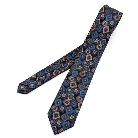 1980s Men's Skinny Tie Vintage 80s Men's Narrow Black Blue & Beige Silk and Polyester Blend Necktie with Abstract Designs by Widgets