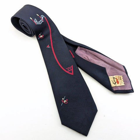 1940s Silk Venice Canal Tie Swing Era Navy Blue All Silk Men's Vintage Necktie with printed Venetian designs by Korry Ties of California