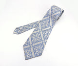 1970s Wide Silver Gray & Blue Tie Men's Vintage Disco Era Textured Woven Acetate and Rayon Necktie with Abstract Designs