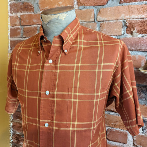 1960s Plaid Men's Shirt Vintage Short Sleeve Button Down Collar Cotton/Poly Blend Rust Orange and Yellow Plaid Shirt by E&W - Size MEDIUM
