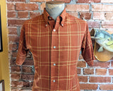 1960s Plaid Men's Shirt Vintage Short Sleeve Button Down Collar Cotton/Poly Blend Rust Orange and Yellow Plaid Shirt by E&W - Size MEDIUM