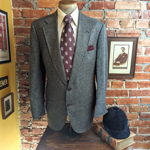 1980s Vintage TWEED Gray and Teal Houndstooth Men's Suit Jacket / Blazer / Sport Coat By Racquet Club for Dillard's - Size 46 (XL)
