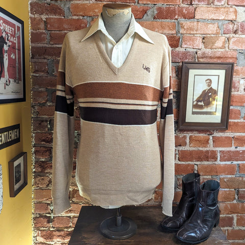 1970s Men's V-Neck Sweater Disco Era Vintage Tan & Brown Knit Acrylic Long Sleeve Pullover Sweater Made in U.S.A. by Puritan - Size LARGE
