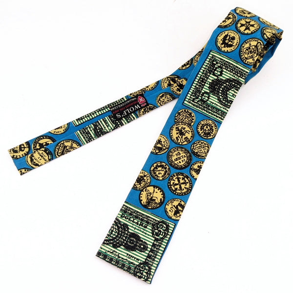 1950s ROOSTER Money Theme Necktie Vintage Square Bottom Men's All Cotton Necktie with Hand Printed Currency and Coin Designs by Sun Fabrics