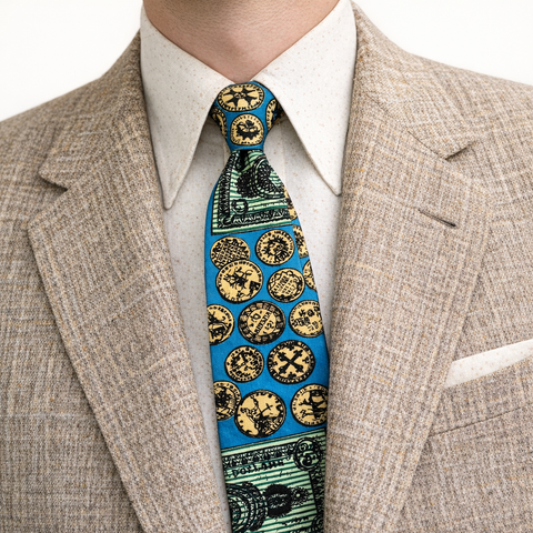1950s Square ROOSTER Money Theme Tie Men's Vintage All Cotton Necktie with Hand Printed Currency and Coin Designs by Sun Fabrics