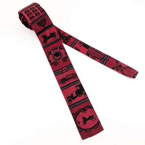 1950s ROOSTER Antique Car Necktie Vintage Square Bottom Men's All Cotton Skinny Necktie with Hand Printed Car Designs by Sun Fabrics