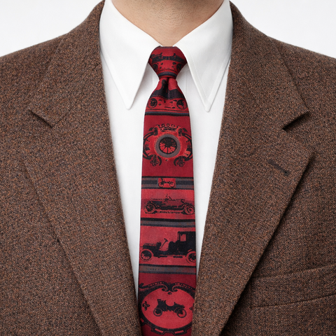 1950s Square ROOSTER Antique Car Tie Vintage Men's All Cotton Skinny Necktie with Hand Printed Designs by Sun Fabrics