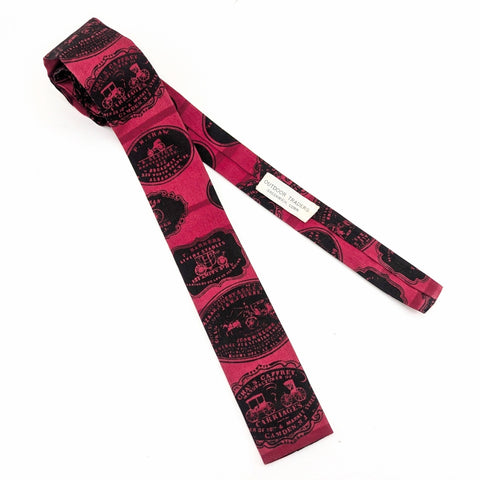 1950s ROOSTER Antique Carriage Necktie Vintage Square Bottom Men's All Cotton Skinny Necktie with Hand Printed Car Designs by Sun Fabrics