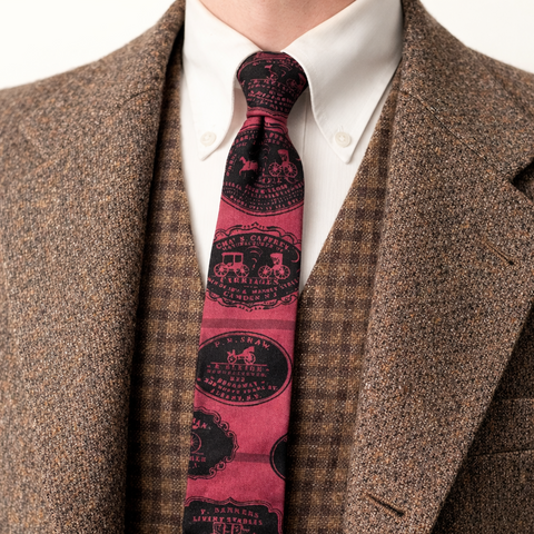 1950s Square ROOSTER  Antique Carriages Tie Men's Vintage All Cotton Skinny Necktie with Hand Printed Carriage Designs by Sun Fabrics