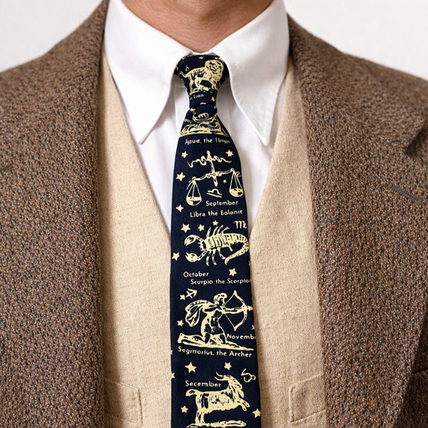 1950s Square ROOSTER Horoscope Tie Men's Vintage All Cotton Skinny Necktie with Hand Printed Designs by Sun Fabrics