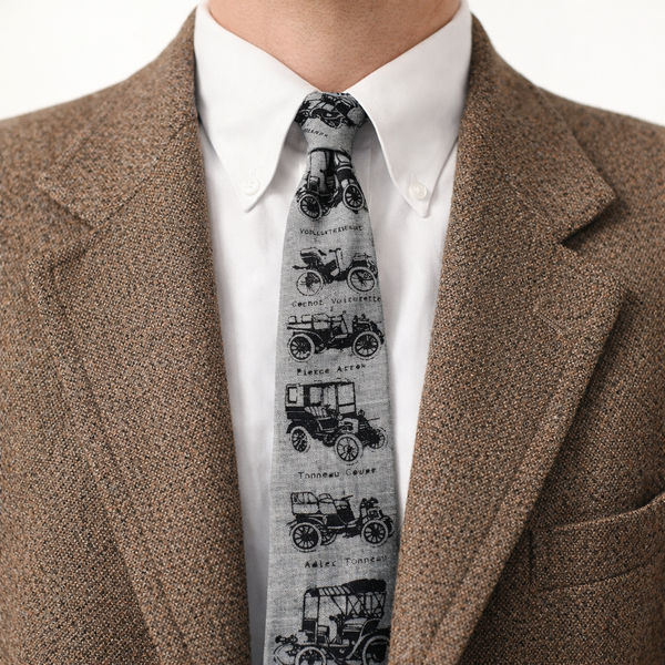 1950s Square ROOSTER Antique Car Tie Men's Vintage All Cotton Skinny Necktie with Hand Printed Early Automobile Designs