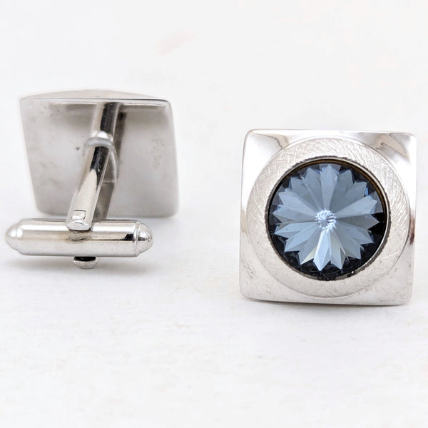 1960s Modernist Cufflinks Set Huge Mad Men Era Silver Tone Metal Cufflinks with Large Faceted Blue-Gray Rivoli Glass Stones by Shields