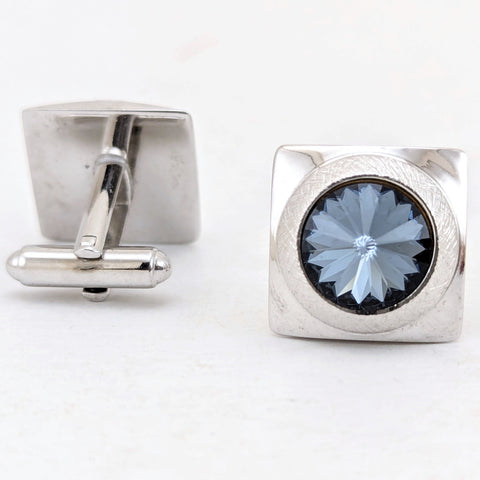 1960s Modernist Cufflinks Set Huge Mad Men Era Silver Tone Metal Cufflinks with Large Faceted Blue-Gray Rivoli Glass Stones by Shields