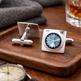 1960s Modernist Cufflinks Set Huge Mad Men Era Silver Tone Metal Cufflinks with Large Faceted Blue-Gray Rivoli Glass Stones by Shields