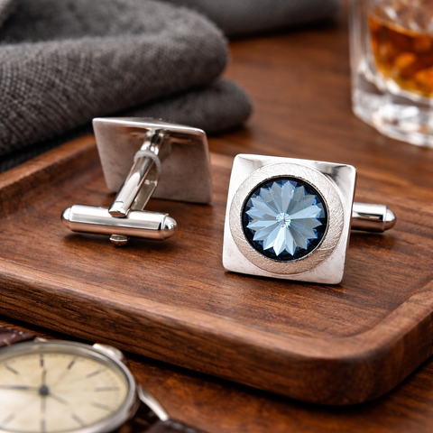 1960s Modernist Cufflinks Set Huge Mad Men Era Silver Tone Metal Cufflinks with Large Faceted Blue-Gray Rivoli Glass Stones by Shields