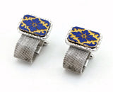 1960s Modernist Cufflinks Set Huge Mad Men Era Silver Tone Metal Mesh Wrap-a-round Cufflinks with Blue and Gold Carved Glass Slab Faces