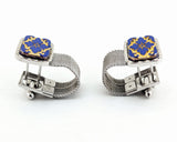 1960s Modernist Cufflinks Set Huge Mad Men Era Silver Tone Metal Mesh Wrap-a-round Cufflinks with Blue and Gold Carved Glass Slab Faces