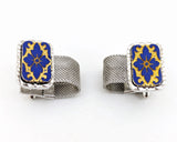 1960s Modernist Cufflinks Set Huge Mad Men Era Silver Tone Metal Mesh Wrap-a-round Cufflinks with Blue and Gold Carved Glass Slab Faces