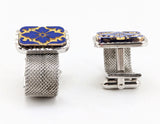 1960s Modernist Cufflinks Set Huge Mad Men Era Silver Tone Metal Mesh Wrap-a-round Cufflinks with Blue and Gold Carved Glass Slab Faces