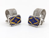 1960s Modernist Cufflinks Set Huge Mad Men Era Silver Tone Metal Mesh Wrap-a-round Cufflinks with Blue and Gold Carved Glass Slab Faces