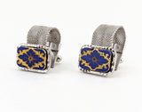 1960s Modernist Cufflinks Set Huge Mad Men Era Silver Tone Metal Mesh Wrap-a-round Cufflinks with Blue and Gold Carved Glass Slab Faces