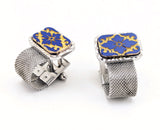 1960s Modernist Cufflinks Set Huge Mad Men Era Silver Tone Metal Mesh Wrap-a-round Cufflinks with Blue and Gold Carved Glass Slab Faces