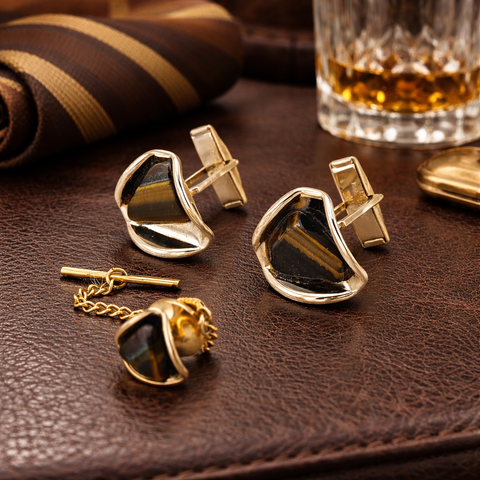 1960s Tiger eye Cufflinks & Tie Tack / Tie Pin Set Gold Tone Mid-Century Modern Men's Vintage Cufflink Set with Natural Tiger's eye stones