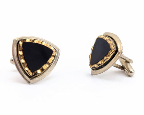 1960s Modernist Cufflinks Set Huge Mad Men Era Silver Tone Metal Cufflinks with Triangular Black and Gold Carved Glass Faces