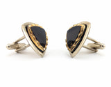 1960s Modernist Cufflinks Set Huge Mad Men Era Silver Tone Metal Cufflinks with Triangular Black and Gold Carved Glass Faces