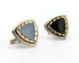 1960s Modernist Cufflinks Set Huge Mad Men Era Silver Tone Metal Cufflinks with Triangular Black and Gold Carved Glass Faces