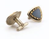 1960s Modernist Cufflinks Set Huge Mad Men Era Silver Tone Metal Cufflinks with Triangular Black and Gold Carved Glass Faces