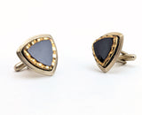 1960s Modernist Cufflinks Set Huge Mad Men Era Silver Tone Metal Cufflinks with Triangular Black and Gold Carved Glass Faces