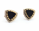 1960s Modernist Cufflinks Set Huge Mad Men Era Silver Tone Metal Cufflinks with Triangular Black and Gold Carved Glass Faces