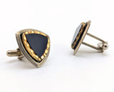 1960s Modernist Cufflinks Set Huge Mad Men Era Silver Tone Metal Cufflinks with Triangular Black and Gold Carved Glass Faces