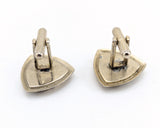 1960s Modernist Cufflinks Set Huge Mad Men Era Silver Tone Metal Cufflinks with Triangular Black and Gold Carved Glass Faces