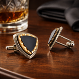 1960s Modernist Cufflinks Set Huge Mad Men Era Silver Tone Metal Cufflinks with Triangular Black and Gold Carved Glass Faces