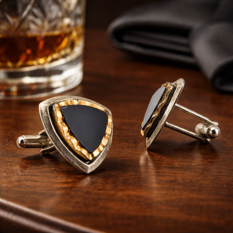 1960s Modernist Cufflinks Set Huge Mad Men Era Silver Tone Metal Cufflinks with Triangular Black and Gold Carved Glass Faces