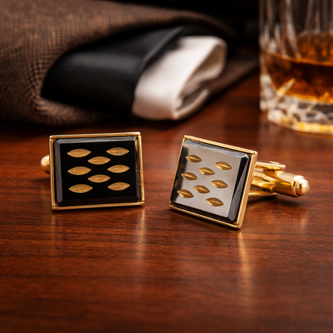 1960s Modernist Cufflinks Set Mad Men Era Gold Tone Metal Cufflinks with Black and Gold Carved Glass Faces by Sarah Coventry