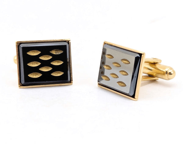 1960s Modernist Cufflinks Set Mad Men Era Gold Tone Metal Cufflinks with Black and Gold Carved Glass Faces by Sarah Coventry