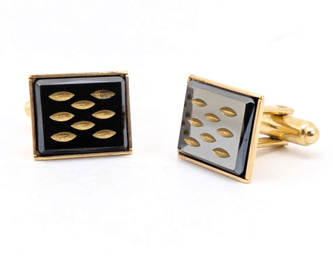 1960s Modernist Cufflinks Set Mad Men Era Gold Tone Metal Cufflinks with Black and Gold Carved Glass Faces by Sarah Coventry