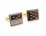 1960s Modernist Cufflinks Set Mad Men Era Gold Tone Metal Cufflinks with Black and Gold Carved Glass Faces by Sarah Coventry