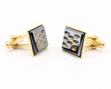 1960s Modernist Cufflinks Set Mad Men Era Gold Tone Metal Cufflinks with Black and Gold Carved Glass Faces by Sarah Coventry