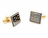 1960s Modernist Cufflinks Set Mad Men Era Gold Tone Metal Cufflinks with Black and Gold Carved Glass Faces by Sarah Coventry