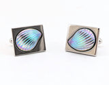 1960s Modernist Cufflinks Set Mad Men Era Silver Tone Metal Cufflinks with Large Iridescent Dichroic Glass Seashells by HICKOK