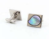 1960s Modernist Cufflinks Set Mad Men Era Silver Tone Metal Cufflinks with Large Iridescent Dichroic Glass Seashells by HICKOK