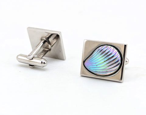 1960s Modernist Cufflinks Set Mad Men Era Silver Tone Metal Cufflinks with Large Iridescent Dichroic Glass Seashells by HICKOK