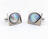 1960s Modernist Cufflinks Set Mad Men Era Silver Tone Metal Cufflinks with Large Iridescent Dichroic Glass Seashells by HICKOK