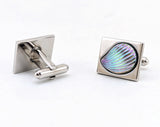 1960s Modernist Cufflinks Set Mad Men Era Silver Tone Metal Cufflinks with Large Iridescent Dichroic Glass Seashells by HICKOK