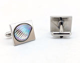 1960s Modernist Cufflinks Set Mad Men Era Silver Tone Metal Cufflinks with Large Iridescent Dichroic Glass Seashells by HICKOK